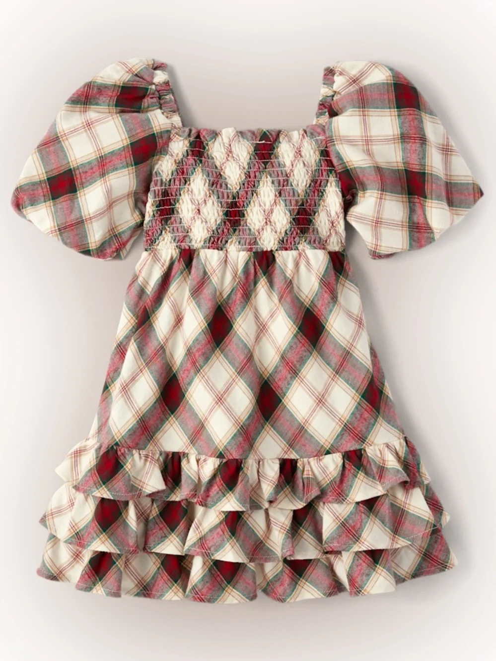 NEW Gymboree Cream Plaid Ruffle Dress Size 6 Puff Sleeves 100 Cotton
